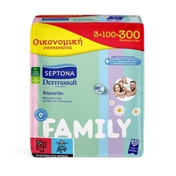Εικόνα της Septona Dermasoft Chamomille Family Μωρομάντηλα χωρίς Οινόπνευμα & Parabens με Χαμομήλι (με καπάκι)3x100τμχ