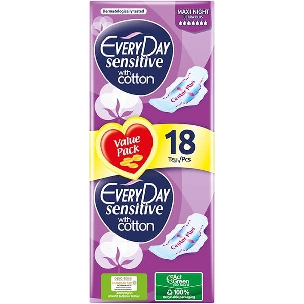 Εικόνα από Every Day Sensitive Maxi Night Σερβιέτες με Φτερά σε Διπλή Συσκευασία 18τμχ