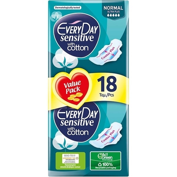 Εικόνα από Every Day Sensitive Normal Ultra Plus Σερβιέτες με Φτερά σε Διπλή Συσκευασία 18τμχ