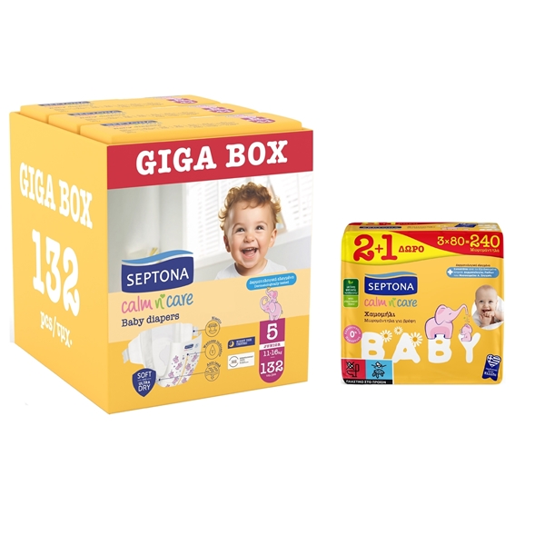 Εικόνα από Septona Calm N' Care Πάνες Giga Box Junior No5 (11-16Kg) 132τεμ (3*44τεμ)+B/W Chamomile -240 τεμάχια Δώρο