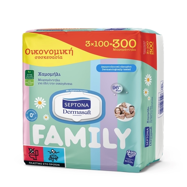 Εικόνα από Septona Dermasoft Chamomille Family Μωρομάντηλα χωρίς Οινόπνευμα & Parabens με Χαμομήλι (με καπάκι)3x100τμχ