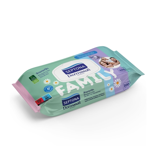 Εικόνα από Septona Dermasoft Chamomille Family Μωρομάντηλα χωρίς Οινόπνευμα & Parabens με Χαμομήλι (με καπάκι) 100τμχ