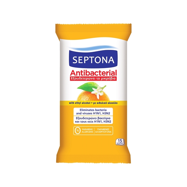 Εικόνα από Septona υγρά μαντηλάκια antibacterial πορτοκάλι 15τεμ.