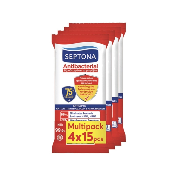Εικόνα από Septona Antibacterial Μαντηλάκια Χεριών 75% Οινόπνευμα  4 Χ 15 τεμαχίων
